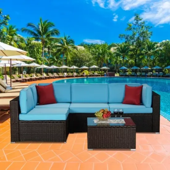 5pc Rattan Wicker Outdoor Conversation Set - Gray/Blue - GODEER image {1}