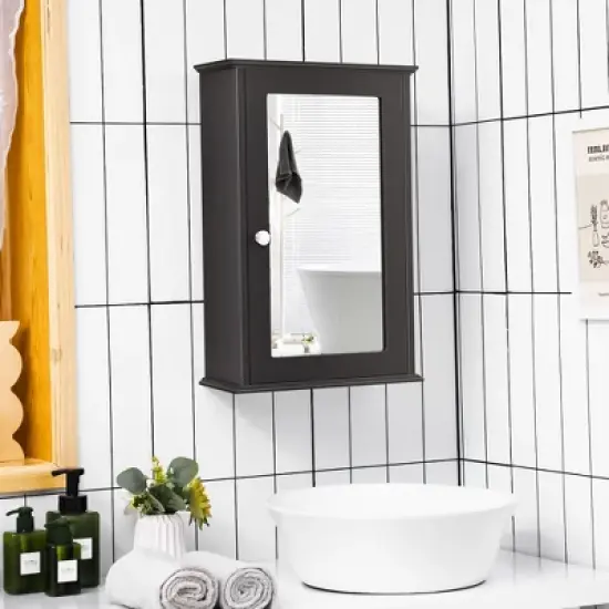 Costway Bathroom Wall Cabinet Single Mirror Door Cupboard Storage Medicine Cabinet Wood Shelf Grey\Brown image {1}
