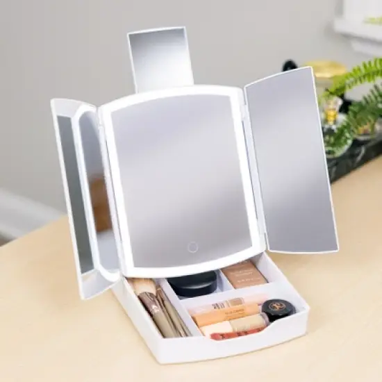 iHome Vanity Mirror with Lights and Makeup Organizer, Travel Mirror with Three Color Light Modes  - White (iCVS30) image {4}