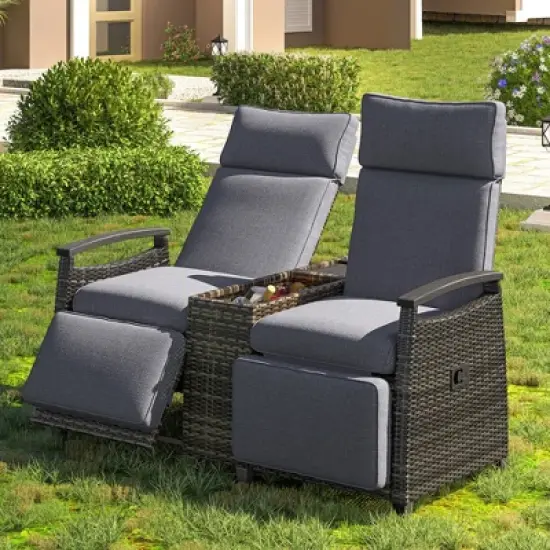 Whisen Patio Recliner Loveseat Chair, Adjustable Backrest Wicker Outdoor Lounge Chair Set with Acacia Wood Armrests and Built-in Storage Table image {13}