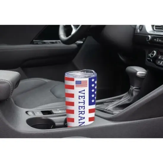 100 North 20 Ounce Stainless Steel On the Go Travel Tumbler With Push Top Lid, American Flag Veteran White image {2}