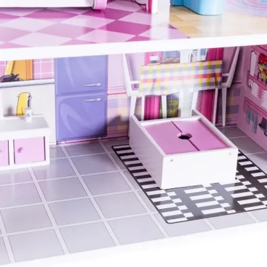 Costway 28'' Pink Dollhouse w/ Furniture Gliding Elevator Rooms 3 Levels Young Girls Toy image {7}