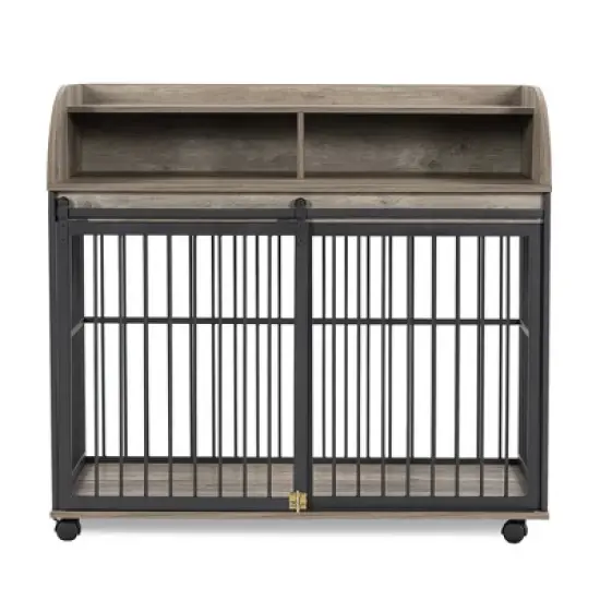 YOOCOZZ 44'' Heavy Duty Large Dog Crate, with Lockable Wheels, Wooden Dog Crate Dog Kennel, End Table Crate with Double layer storage-Gray image {1}