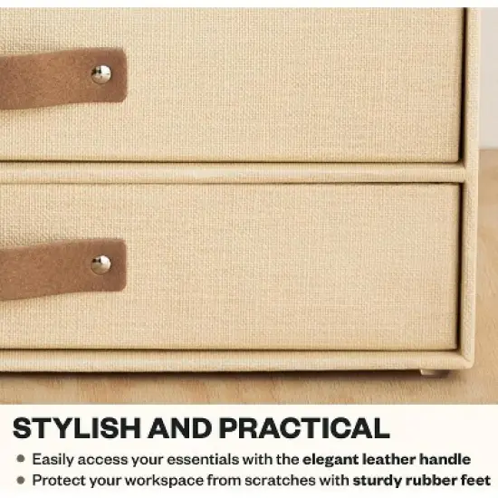 Bigso Birger 2-Drawer Desktop Organizer &ndash; A4/Letter Size Paper Storage with Leather Handles, Cream image {4}