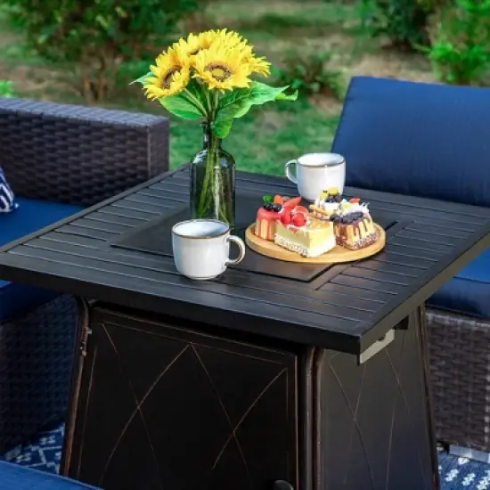 Captiva Designs 7pc Steel & Wicker Outdoor Square Fire Pit Furniture Set with Cushions image {8}