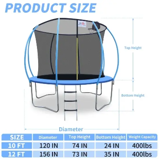 Racxily 12ft Foldable Trampoline for Adults with Handrail - 400lb Capacity, Blue Round Fitness Rebounder, Compact & Portable Home Workout image {2}