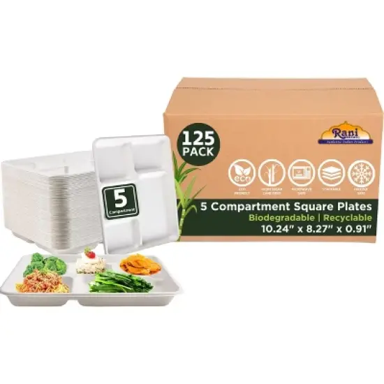 5 Compartment Round Biodegradable Divided Plates - Pack of 125 - Rani Brand Authentic Indian Products image {9}