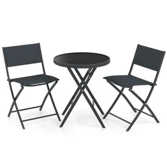Costway 3 PCS Folding Patio Bistro Set with Tempered Glass Coffee Table & 2 Patio Chairs image {9}