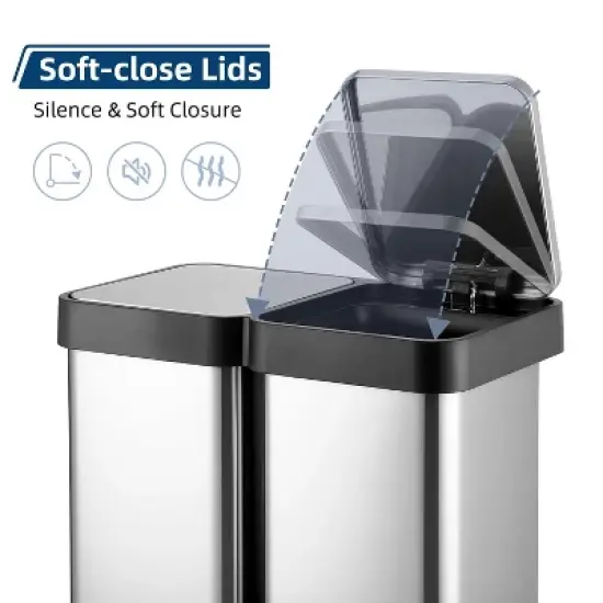 Acekool 60L Dual Compartment Trash & Recycling Bin, Soft-Close Lid, Stainless Steel Step Pedal Garbage Can, Space Saving for Kitchen & Office image {3}