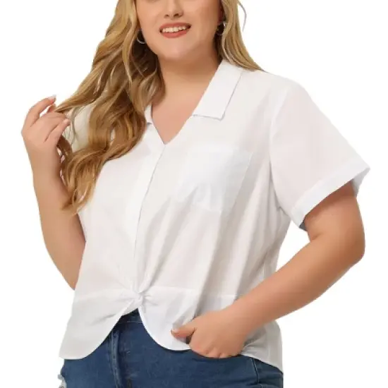 Agnes Orinda Women's Plus Size Flat Collar Twist Hem Chest Pocket Short Sleeve Shirt Top image {6}
