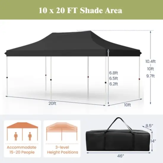 Tangkula 10 x 20FT Canopy Tent Folding Sun Shelter w/ 3 Adjustable Carrying Bag 12 Stakes & 6 Ropes Heavy-Duty Outdoor Tent Black/Grey/White/Blue image {9}