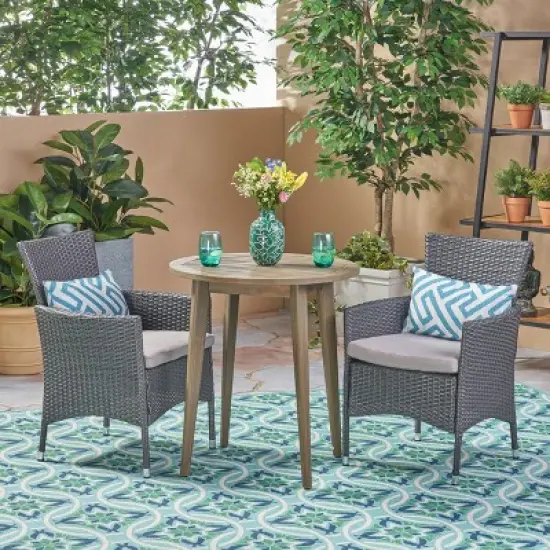 Bruna 3pc Wood & Wicker Bistro Set - Gray/Gray - Christopher Knight Home image {1}