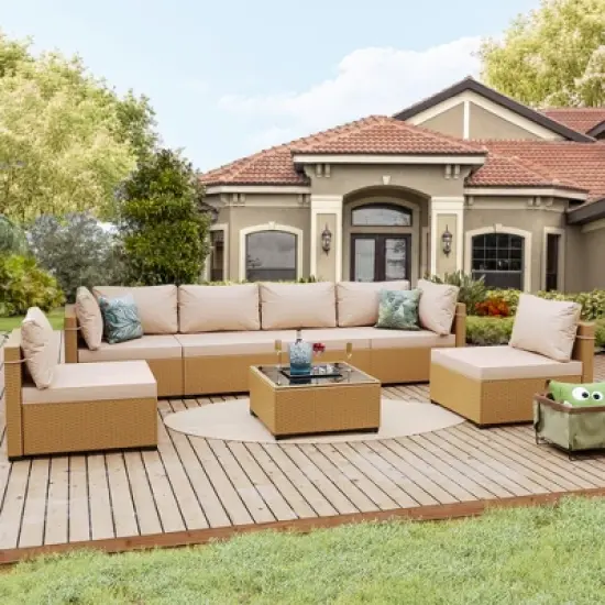 UPHA 7-Piece Rattan Patio Sofa Conversation Set with Cushions image {8}