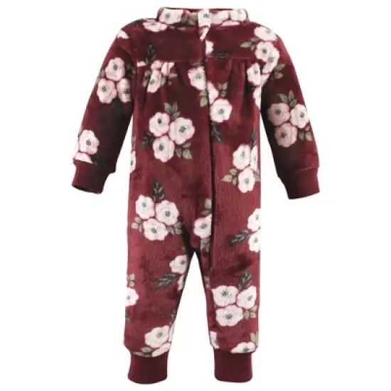 Hudson Baby Infant Girl Plush Jumpsuits, Burgundy Floral image {2}