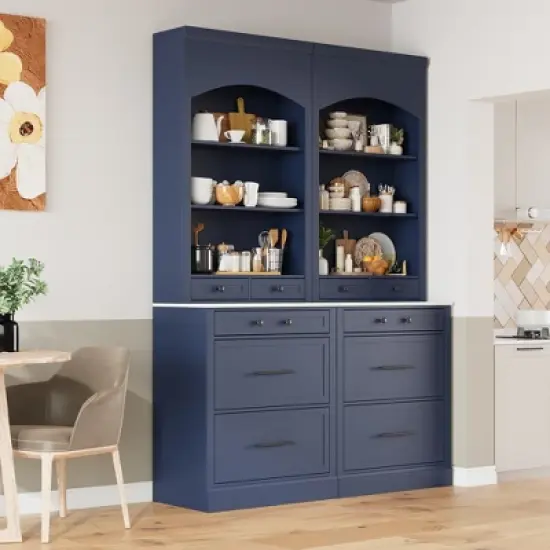 APRILSOUL Blue Modern Kitchen Pantry, Freestanding Tall Kitchen Hutch with Faux Marble Top, Display Cupboard Cabinet with 5 Storage Drawers image {1}
