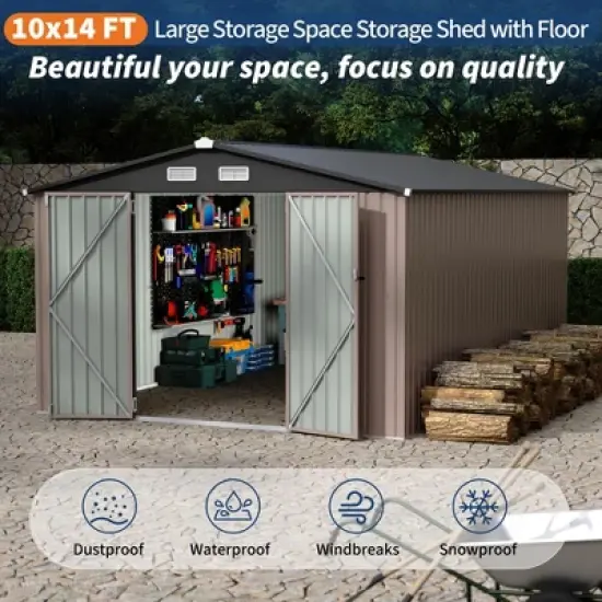 10x14 FT Commercial-Grade Metal Storage Shed - Extra Large Galvanized Steel Shelter with Lockable Doors & Air Vents image {2}