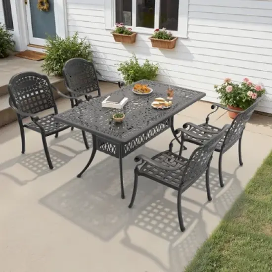 All-Weather 5-Piece Patio Dining Set: Cast Aluminum Furniture,Black with Comfy Blue Cushions & Umbrella Hole - Perfect for Garden Parties, BBQ! image {1}