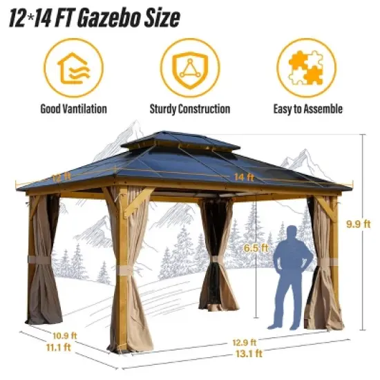EROMMY 14 Ft. W x 12 Ft. D Solid Wood Patio Gazebo Gazebo image {2}