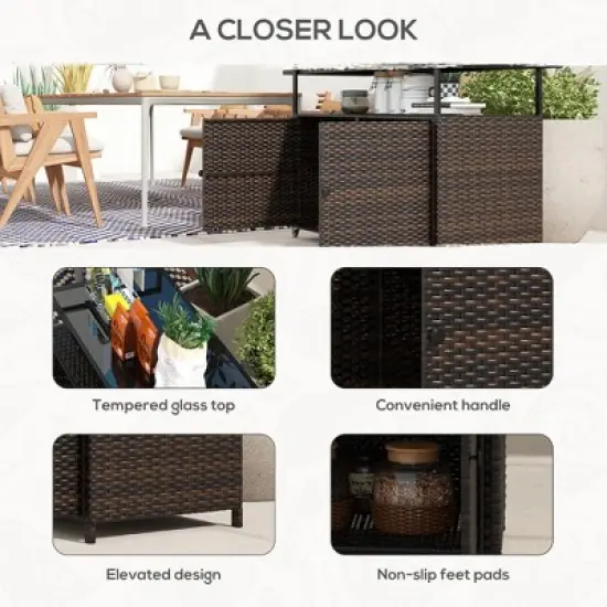 Outsunny 2-Tier Shelf PE Rattan Outdoor Bar Table, Glass Top Patio Serving Cart image {4}