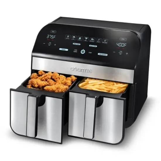 Gourmia 10-Qt. Dual Basket Digital Air Fryer with Smart Finish & Match Cook Black Stainless Steel: 1-Year Warranty, Dishwasher-Safe Parts image {1}