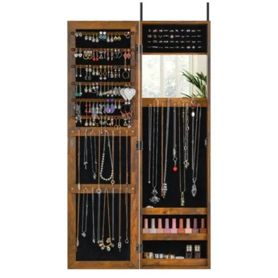 Costway Wall Mounted Jewelry Cabinet Door Hanging Jewelry Armoire with Full-Length Mirror Rustic Brown/Pink/White/Black/Brown image {9}