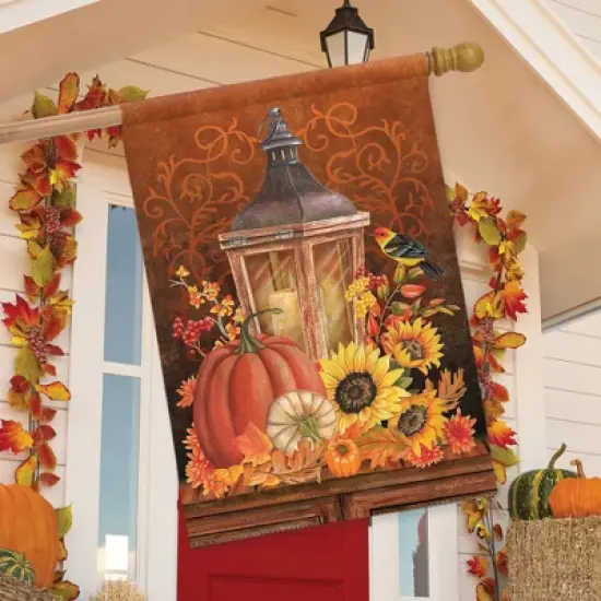 Fall Lantern Primitive House Flag Pumpkins Sunflowers 28" x 40" Briarwood Lane image {2}