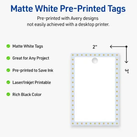 Avery Printable Rectangle Tags, Gold Dots with Blue Border, 2" x 3", Matte White Rectangle Tags, Laser/Inkjet, 80ct, Great for Product Tags image {1}