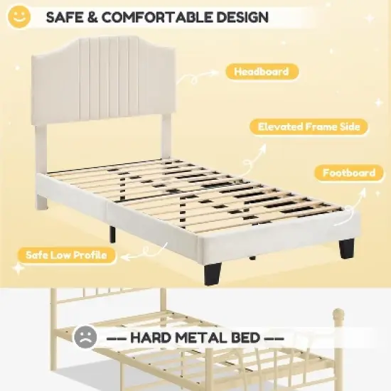 DobleePy Twin Plus Size Beige Kids Bed, Sturdy Velvet Headboard, Oak Wood Slats, Squeak Resistant, No Box Spring Needed, Easy Assembly image {2}
