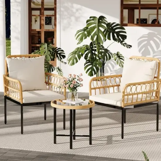 Wicker 3 Pieces Patio Bistro Sets Outdoor Conversation Sets with Glass Top Side Table and 2 Modern Rattan Chairs, for Backyard, Balcony, Lawn, Beige image {6}