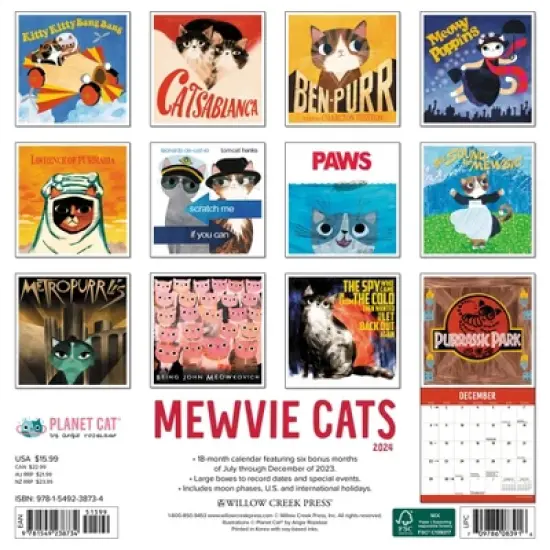Willow Creek Press 2024 Wall Calendar 12"x12" Mewvie Cats image {1}