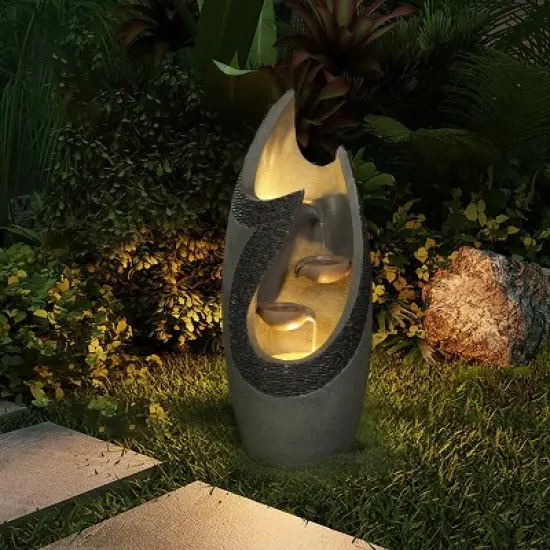 LuxenHome Stone-Gray Cement Modern Tiered Outdoor Garden Fountain with Lights image {2}