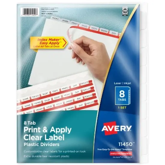Avery 8 Tab Plastic Dividers for 3 Ring Binder, Easy Print & Apply Clear Label Strip, Index Maker Customizable Frosted White Tabs, 1 Set (11450) image {8}