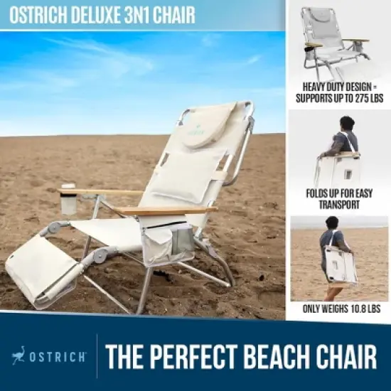 Ostrich Deluxe 3N1 Lightweight Lawn Beach Reclining Lounge Chair with Footrest, Outdoor Furniture for Patio, Balcony, Backyard, or Porch, White image {5}