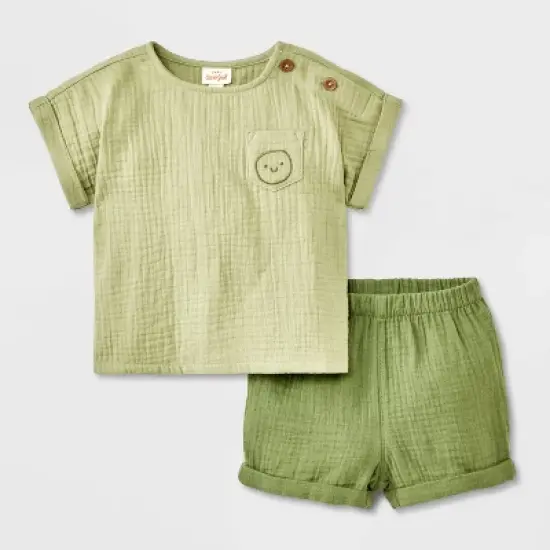 Baby Boys' 2pc Smiley Embroidered Pocket Gauze Shorts Set - Cat & Jack&trade; Green image {4}