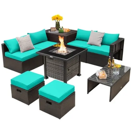 Tangkula 9 Pieces Furniture Set w/ 50,000 BTU Propane Fire Pit Table Patio Turquoise image {6}