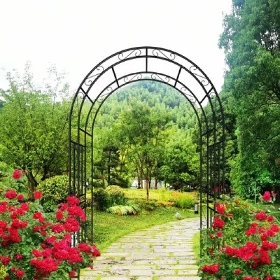 Lirago Black Metal Garden Arch-Galvanized Iron Trellis Rose Arch Outdoor Garden Decor with Gate Design 17.71"Dx90.55"Hx59.05"W image {2}