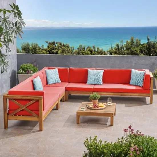 Brava 6pc Acacia Wood Sectional Patio Seating Set - Christopher Knight Home image {9}