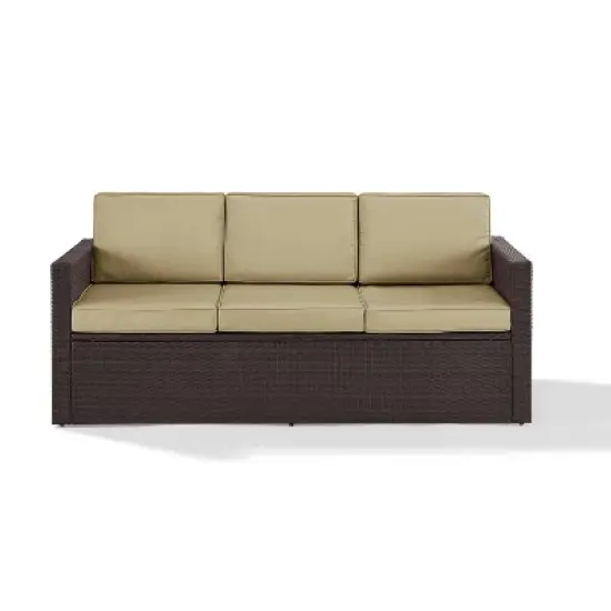 Palm Harbor Outdoor Wicker Sofa In Brown with Sand Cushions - Crosley image {2}