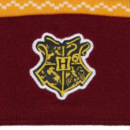 Harry Potter Adult Hogwarts School Crest Knit Cuff Pom Beanie Cap Multicoloured image {2}