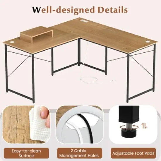 Tangkula L-Shaped Computer Desk with Power Outlets 95&rdquo; Long 2-Person Desk with Monitor Shelf Modern Corner Desk Gaming Table with USB Ports Natural image {5}