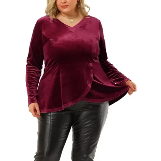 Agnes Orinda Women's Plus Size V Neck Tulip Hem Long Sleeve Peplum Velvet Tops image {6}