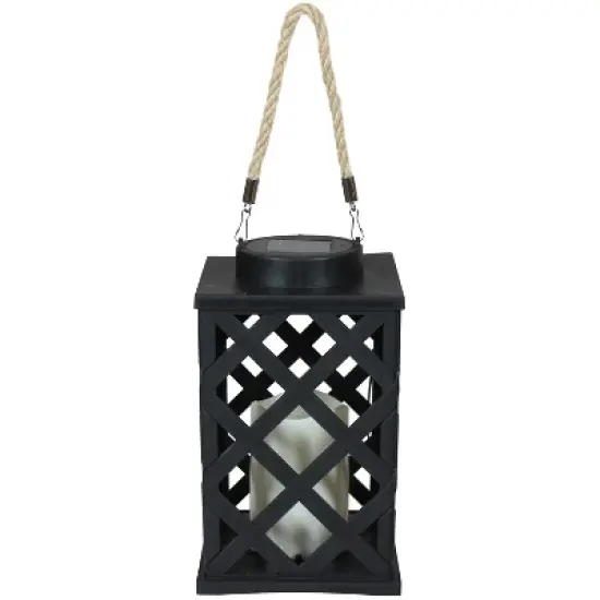 Sunnydaze Outdoor Modern Crosshatch Hanging Tabletop Solar LED Rustic Farmhouse Decorative Candle Lantern - 9" image {6}