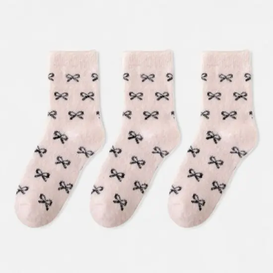 Anna-Kaci Women's 3-Pack Fuzzy Crew Socks with Allover Bow Pattern Soft Cozy Knit Winter Sock Set image {2}