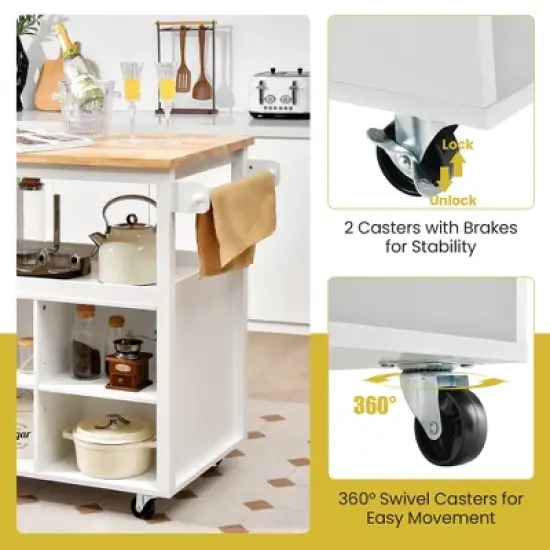 Costway Kitchen Island Trolley Cart on Wheels with Storage Open Shelves & Drawer White/Brown image {7}