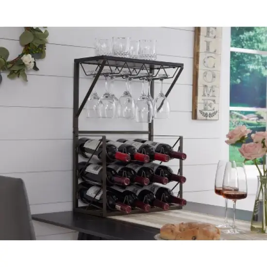 Kings Brand Furniture - 12 Bottles Countertop Wine Rack Stand with Glass Holder, Wine Storage Cabinet Shelf, Pewter/Marble image {3}
