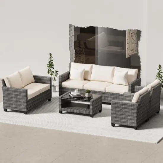 5-Piece Outdoor Patio Furniture Set with 7-Seating Capacity - All-Weather Wicker Sectional Sofa with Tempered Glass Coffee Table & Premium Cushions - image {4}