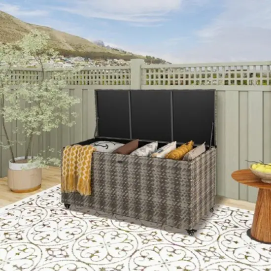 WELLFOR 96gal Outdoor PE Wicker Storage Box with 4 Wheels for Gardening Tools Gray image {1}