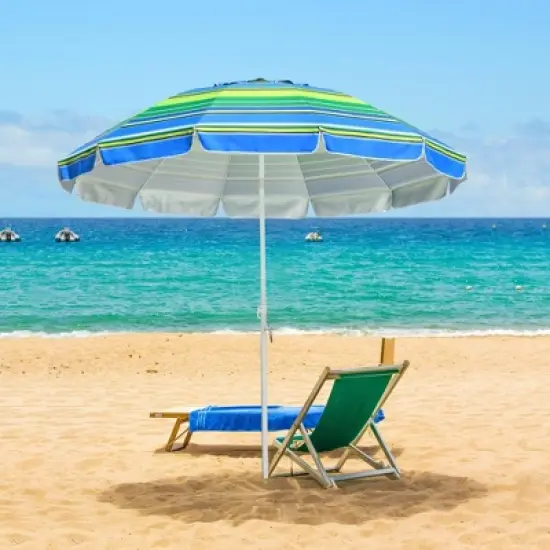 Yescom 7Ft Striped Outdoor Umbrella UV Protection Sunshade Tilt Sand Anchor Green+Blue image {7}