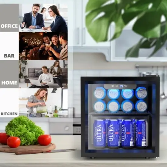 Simzlife 1.3 Cu.Ft/55 Cans Mini Beverage Refrigerator, Portable Fridge with Reversible Glass Door,Adjustable Shelves, Digital Control,LED Light, Black image {6}