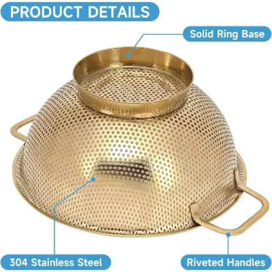 Gold Strainer for Kitchen, 3QT, Stainless Steel Colander with Handle for Fruits Vegetables Cooking Food, Dishwasher Safe image {3}